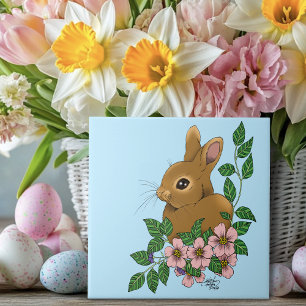 Bunny Rabbit Pink Flowers Tile