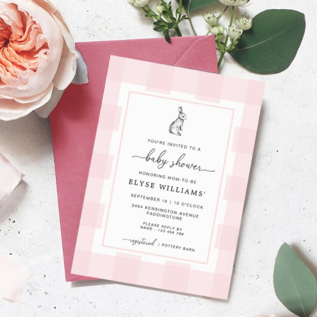 Bunny Rabbit Pink Gingham Baby Shower Invitation (Pink Gingham Bunny Rabbit Baby shower Invitation)