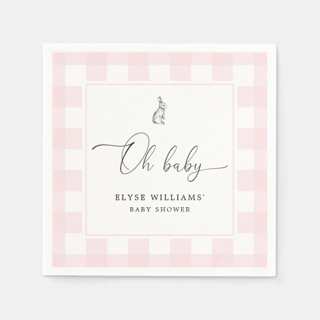 Bunny Rabbit Pink Gingham Oh Baby Paper Napkin (Front)