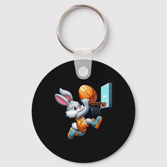 Bunny Rabbit Playing Dunking Bysketbyll Easter Egg Keychain (Front)