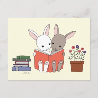 Bunny Rabbit Reading Book Postcard Cute Bunny Book