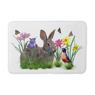 Bunny Rabbit, Robin, and Flowers, Customizable Bath Mat