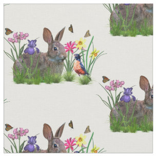 Bunny Rabbit,  Robin, and Flowers, Customizable Fabric