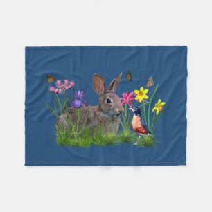 Bunny Rabbit, Robin, and Flowers, Customizable Fleece Blanket