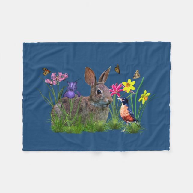 Bunny Rabbit,  Robin, and Flowers, Customizable Fleece Blanket (Front (Horizontal))