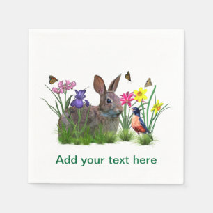 Bunny Rabbit, Robin, and Flowers, Customizable Napkin