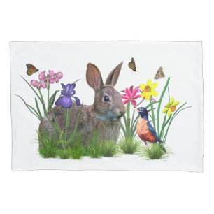 Bunny Rabbit,  Robin, and Flowers, Customizable Pillowcase