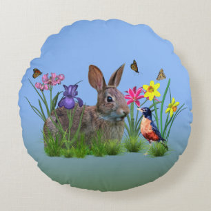 Bunny Rabbit, Robin, and Flowers, Customizable Round Pillow
