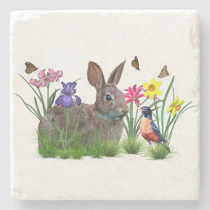 Bunny Rabbit, Robin, and Flowers, Customizable Stone Coaster