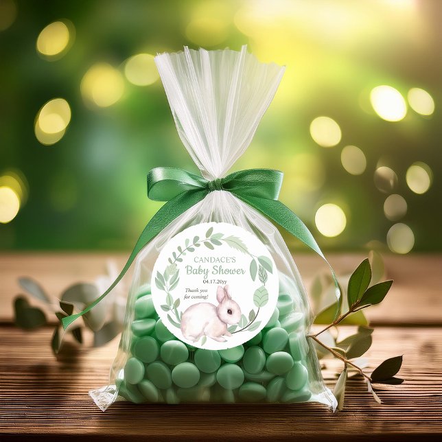 Bunny Rabbit Sage Floral Wreath Baby Shower Classic Round Sticker (Cute Bunny Rabbit and Sage Green Eucalyptus Floral Wreath Baby Shower Thank You Large Round Sticker)