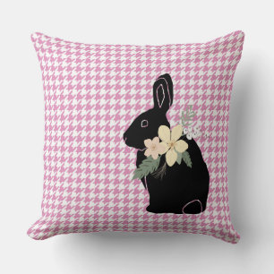 Bunny Rabbit Silhouette Flowers Houndstooth Sweet Throw Pillow