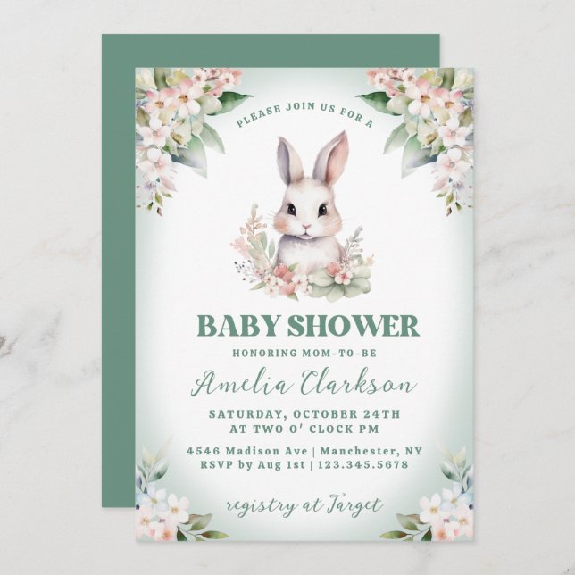 Bunny Rabbit Soft Green & Floral Baby Shower Invitation (Front/Back)