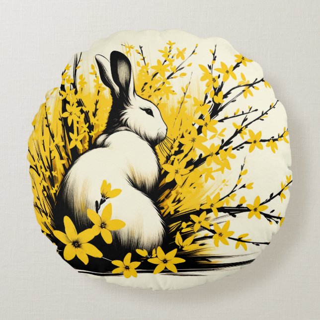 Bunny Rabbit Spring Yellow Forsythia               Round Pillow (Front)