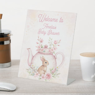 Bunny Rabbit Tea Pot Floral Welcome Baby Shower Pedestal Sign