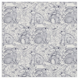Bunny Rabbit Toile Pattern Blue & White Cute Decor Fabric