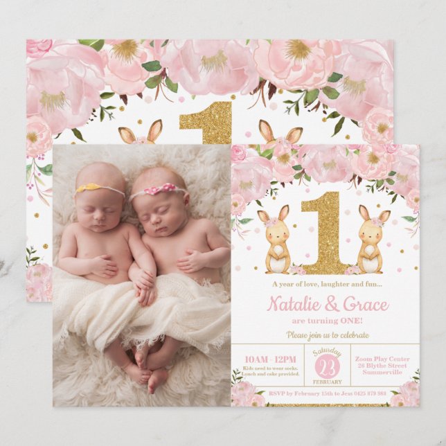 Bunny Rabbit Twin Girls 1st Birthday Twins Photo Invitation (Front/Back)