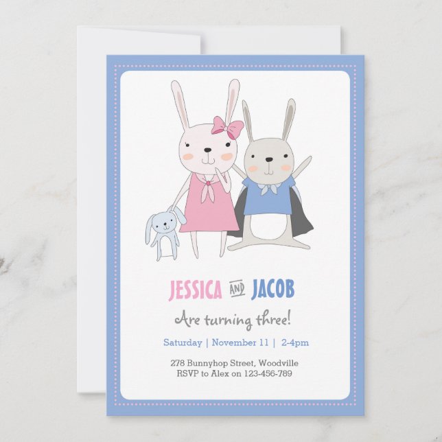 Bunny Rabbit Twins Birthday Invitation (Front)