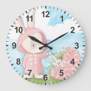 Bunny Rabbit Umbrella & Flowers Large Clock