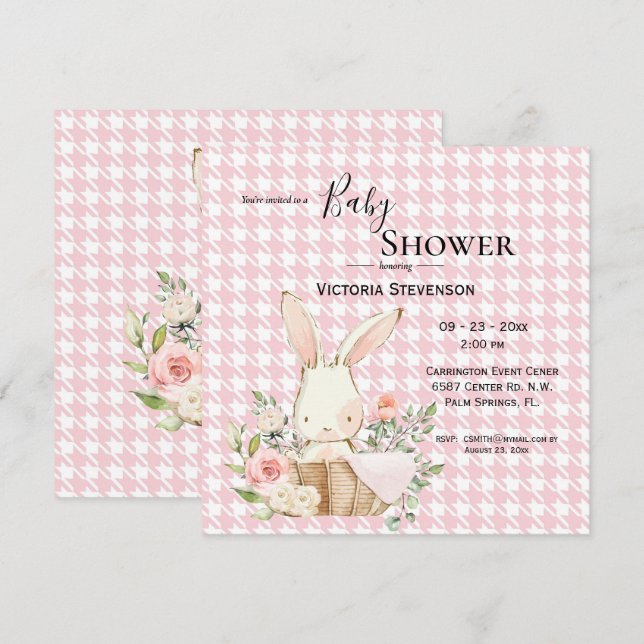 Bunny Rabbit Watercolor Houndstooth  Baby Shower  (Front/Back)