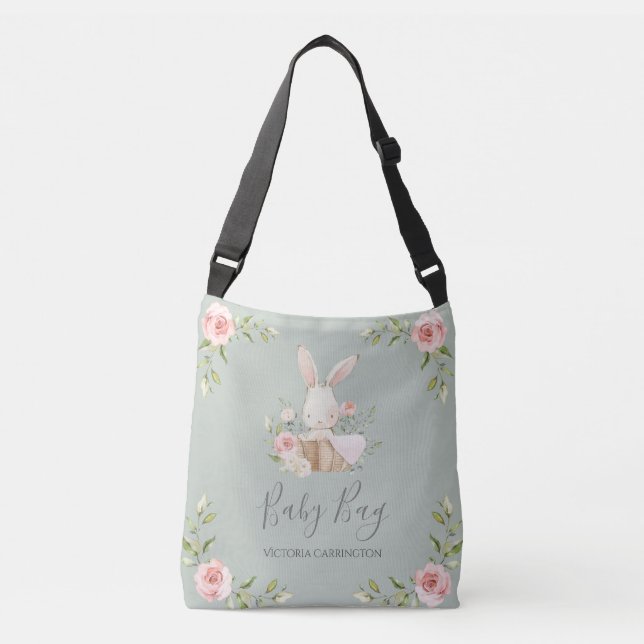Bunny Rabbit Watercolor Sage Green Personalized Crossbody Bag (Front)