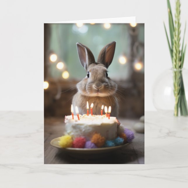 Bunny Rabbit with a Birthday Cake Card (Front)