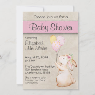 Bunny Rabbit with Balloons Baby Shower Invitation