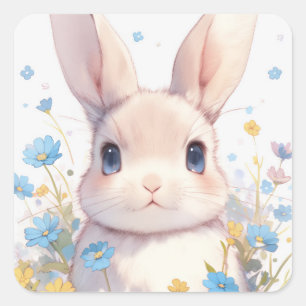 Bunny Rabbit with Blue Eyes and Spring Wildflowers Square Sticker