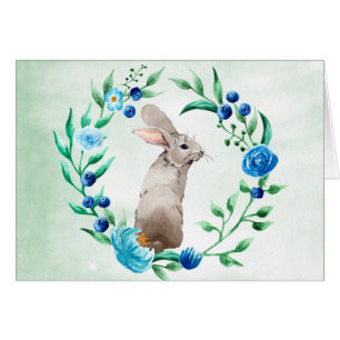Bunny Rabbit with Blue Floral Wreath Note Card