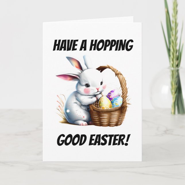 Bunny rabbit with eggs hopping good easter pun holiday card (Front)