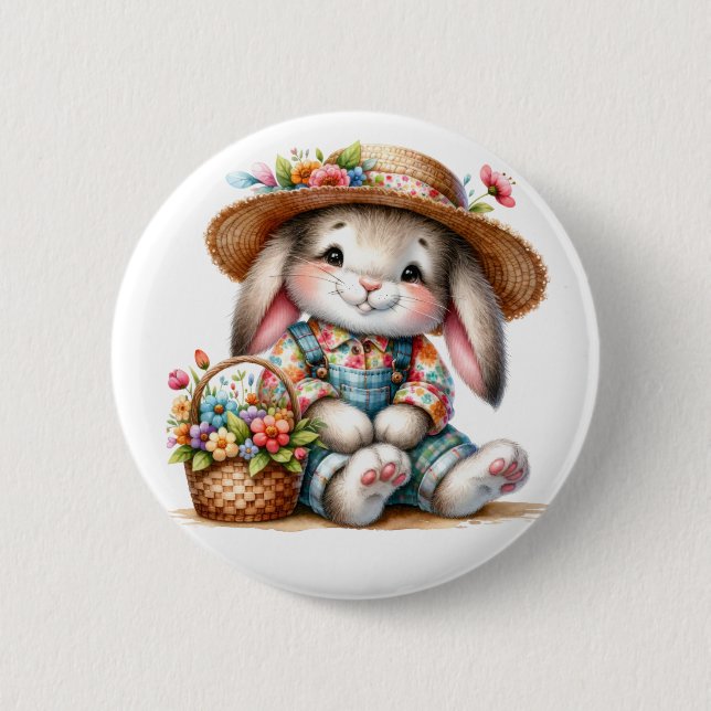 Bunny Rabbit With Florals  2 Inch Round Button (Front)