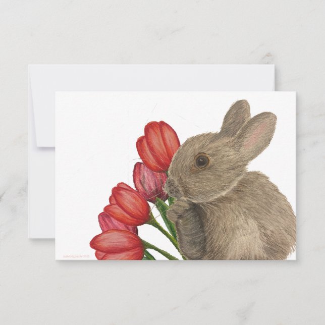 Bunny Rabbit with Red Tulips Flat Thank You Card (Front)