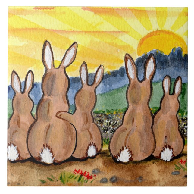Bunny Rabbit & Yellow Sunrise 6" Tile Trivet (Front)