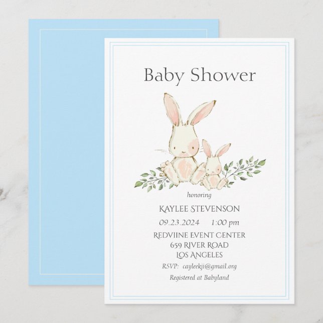Bunny Rabbits Blue Modern Baby Shower Invitation (Front/Back)