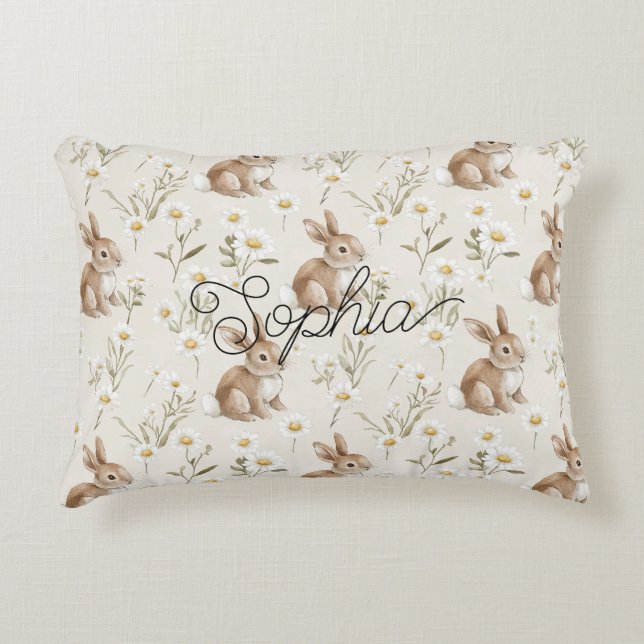 Bunny Rabbits Daisy Flowers Accent Pillow (Front)