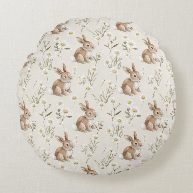 Bunny Rabbits Daisy Flowers Round Pillow (Front)