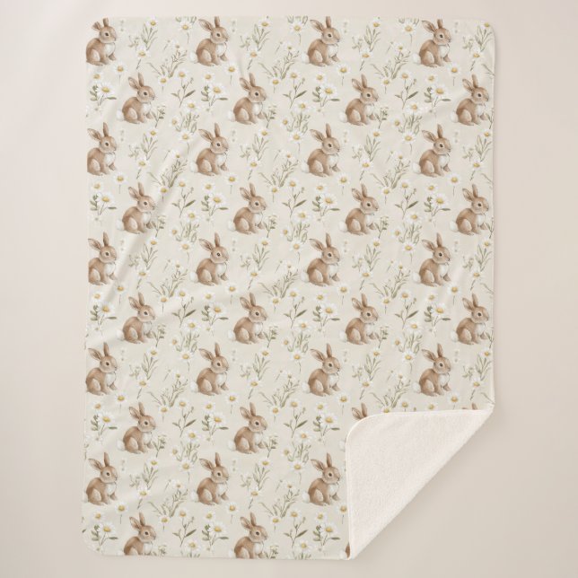 Bunny Rabbits Daisy Flowers Sherpa Blanket (Front)