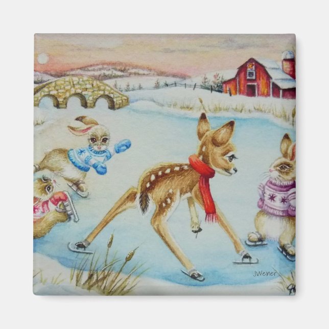 Bunny Rabbits & Fawn Ice Skating Watercolor Art Magnet (Front)