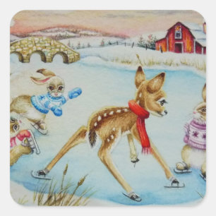 Bunny Rabbits & Fawn Ice Skating Watercolor Art Square Sticker