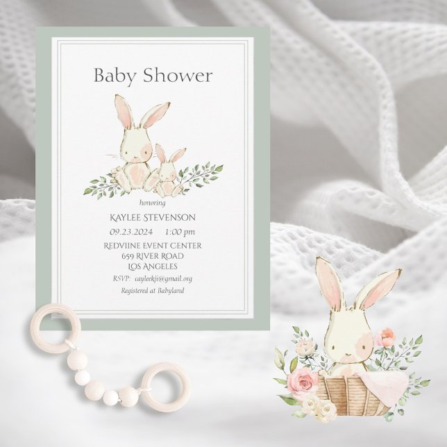 Bunny Rabbits Green Modern Baby Shower Invitation (Creator Uploaded)