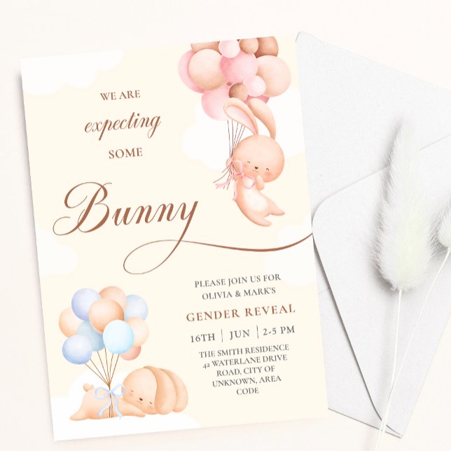 Bunny Rabbits with Blue Pink Balloon Gender Reveal Invitation (Creator Uploaded)