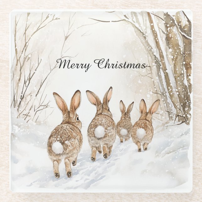 Bunny Rabbits Woods Christmas Glass Coaster (Front)