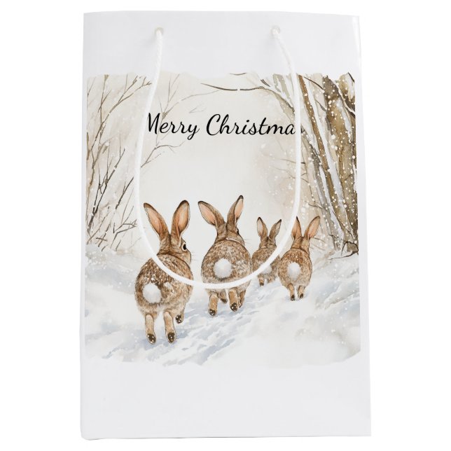 Bunny Rabbits Woods Snow Christmas Medium Gift Bag (Front)