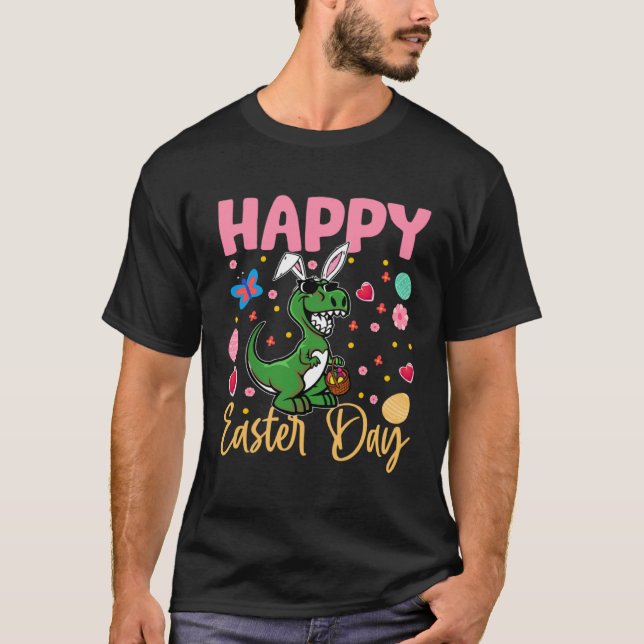 Bunny rex Colourful Eggs Hunting Happy Easter Day T-Shirt (Front)
