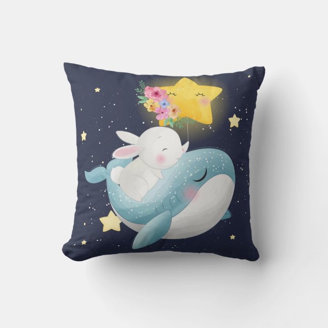 Bunny Riding A Whale Throw Pillow (Front)