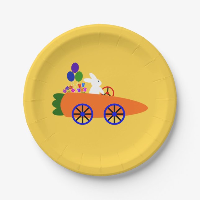 Bunny Riding Carrot Car #2 Paper Plates (Front)
