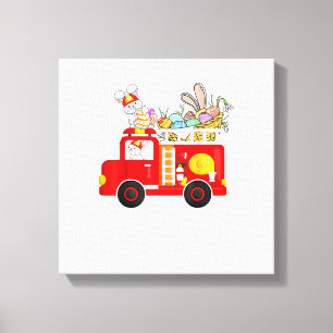 Bunny Riding Firetruck Easter Day Firefighter Happ Canvas Print