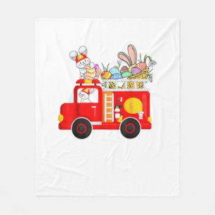 Bunny Riding Firetruck Easter Day Firefighter Happ Fleece Blanket