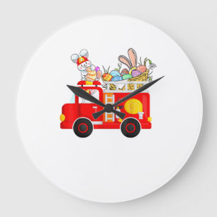 Bunny Riding Firetruck Easter Day Firefighter Happ Large Clock