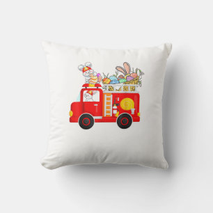 Bunny Riding Firetruck Easter Day Firefighter Happ Throw Pillow