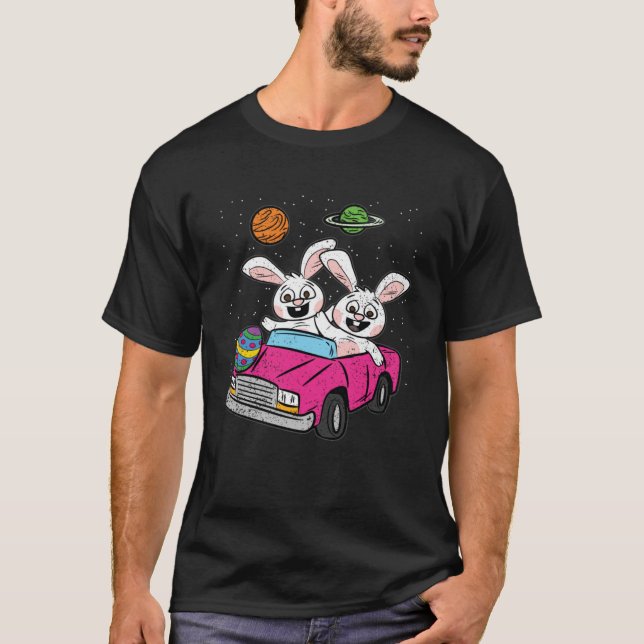 Bunny Riding Space Car Easter Egg Hunting Rabbit S T-Shirt (Front)